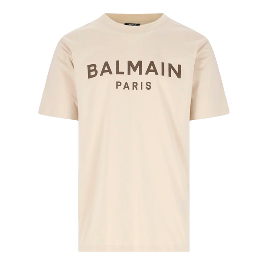Camiseta Beige Balmain Paris Logo Gold